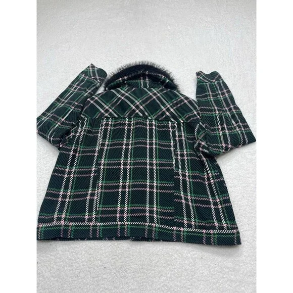 Anthropologie Maeve Collar Coat Women Green Plaid Crop Faux Fur Retro Large NWT